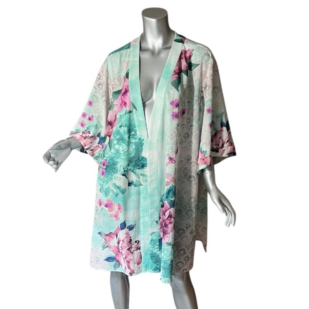 Catherines Open Drape Short Sleeve Floral Crane Bird Kimono Cardigan Size 3X